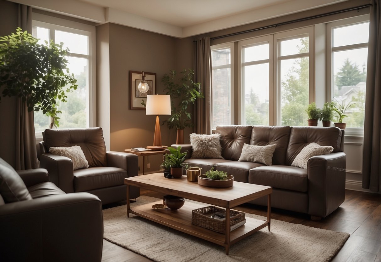 A room with walnut color furniture arranged in a cozy and inviting setting