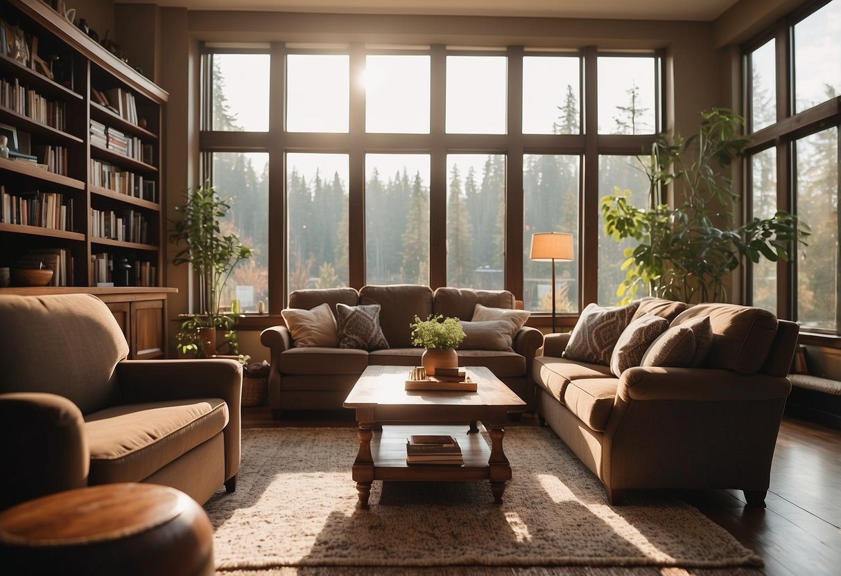A cozy living room with a warm walnut-colored sofa, a coffee table, and bookshelves, bathed in natural light from a large window