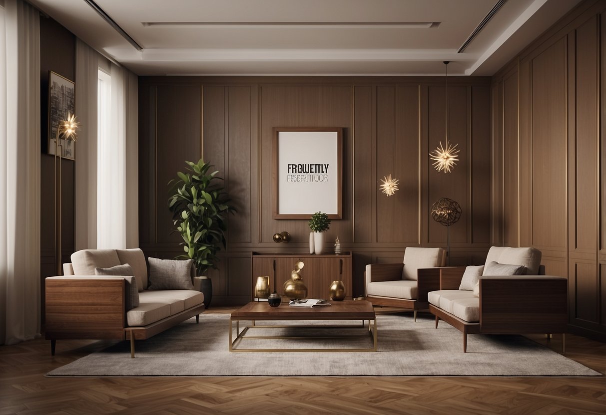A room with walnut color furniture and a sign reading "Frequently Asked Questions."