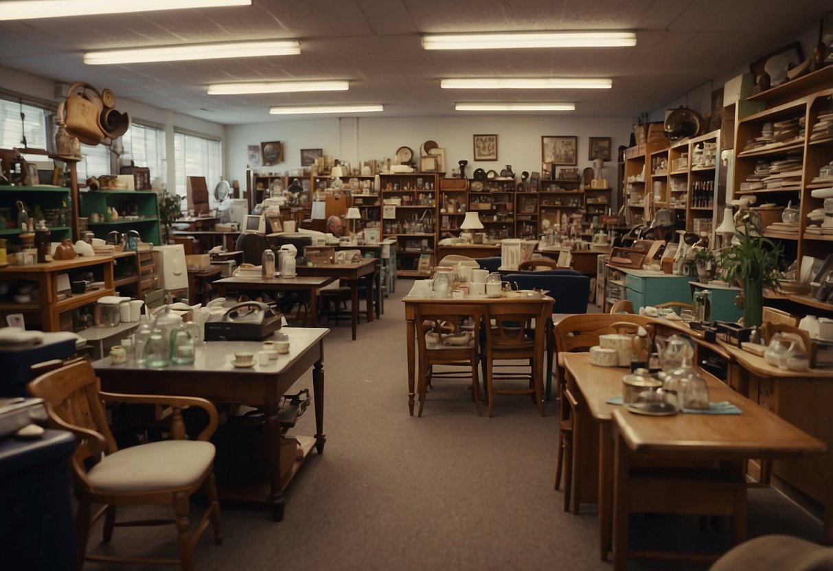 A cluttered thrift store with mismatched chairs and tables, shelves of used home goods, and customers browsing for bargains