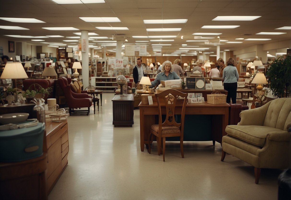 A well-lit thrift store with neatly arranged furniture and a sign advertising quality second-hand items. Shoppers browsing and examining various pieces, while a friendly employee assists a customer with a purchase