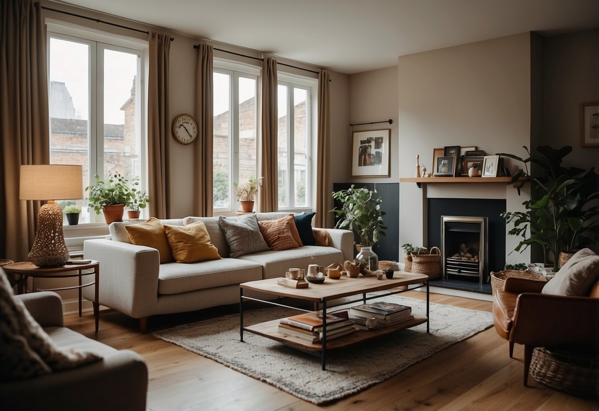 A cozy living room with a mix of vintage and modern second-hand furniture, including a comfortable sofa, a stylish coffee table, and unique decorative pieces