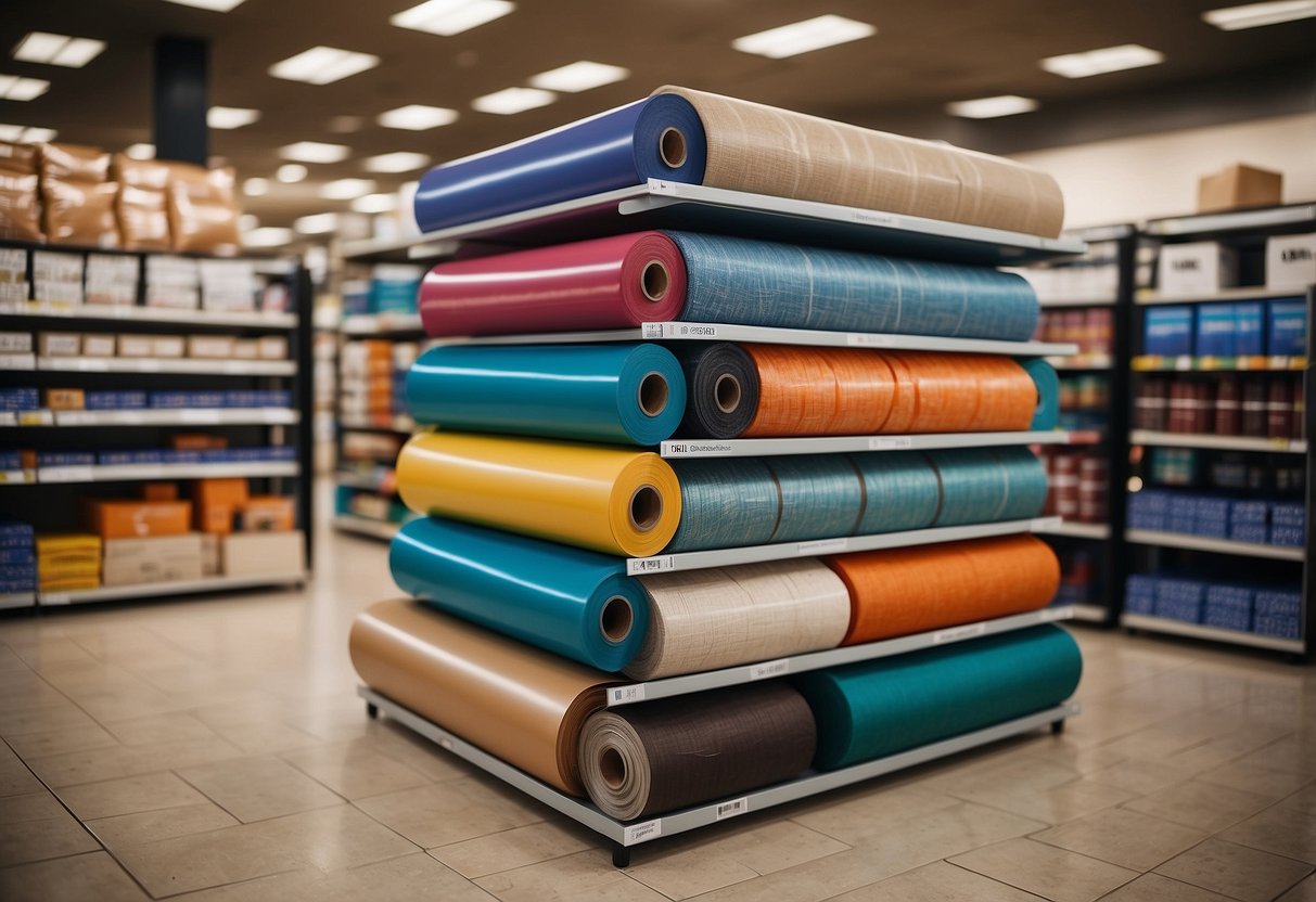 Furniture wrap displayed on shelves in a store with various rolls and colors, labeled with prices and product information