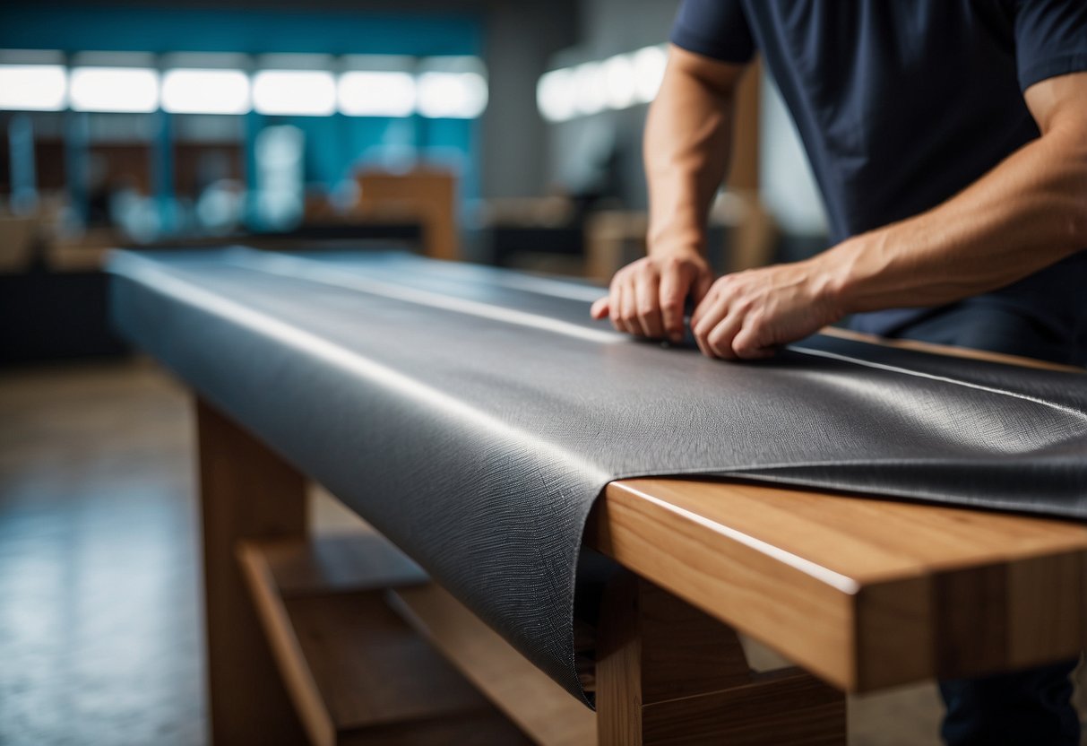 A furniture wrap being unrolled and applied to a piece of furniture, with a display of various options for purchase in the background