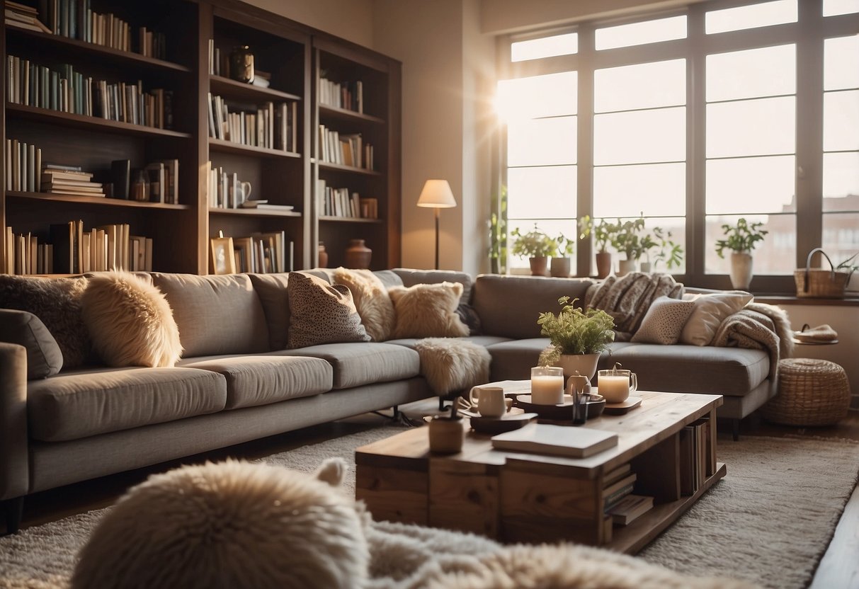 A cozy living room with a plush sofa, coffee table, and bookshelves. A soft rug covers the floor, and a warm lamp illuminates the space