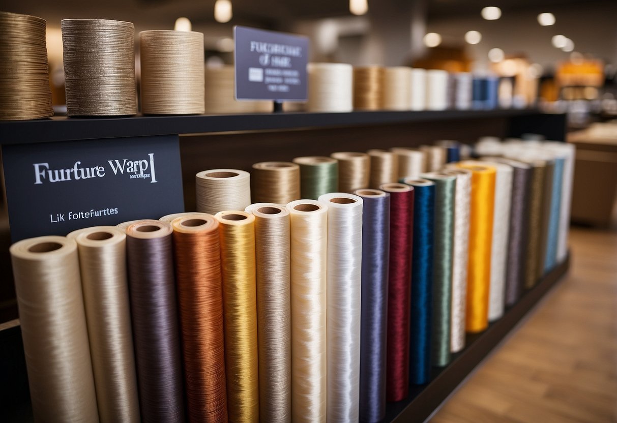 A furniture store display with various rolls of furniture wrap on shelves and a sign indicating "Furniture Wrap for Sale."