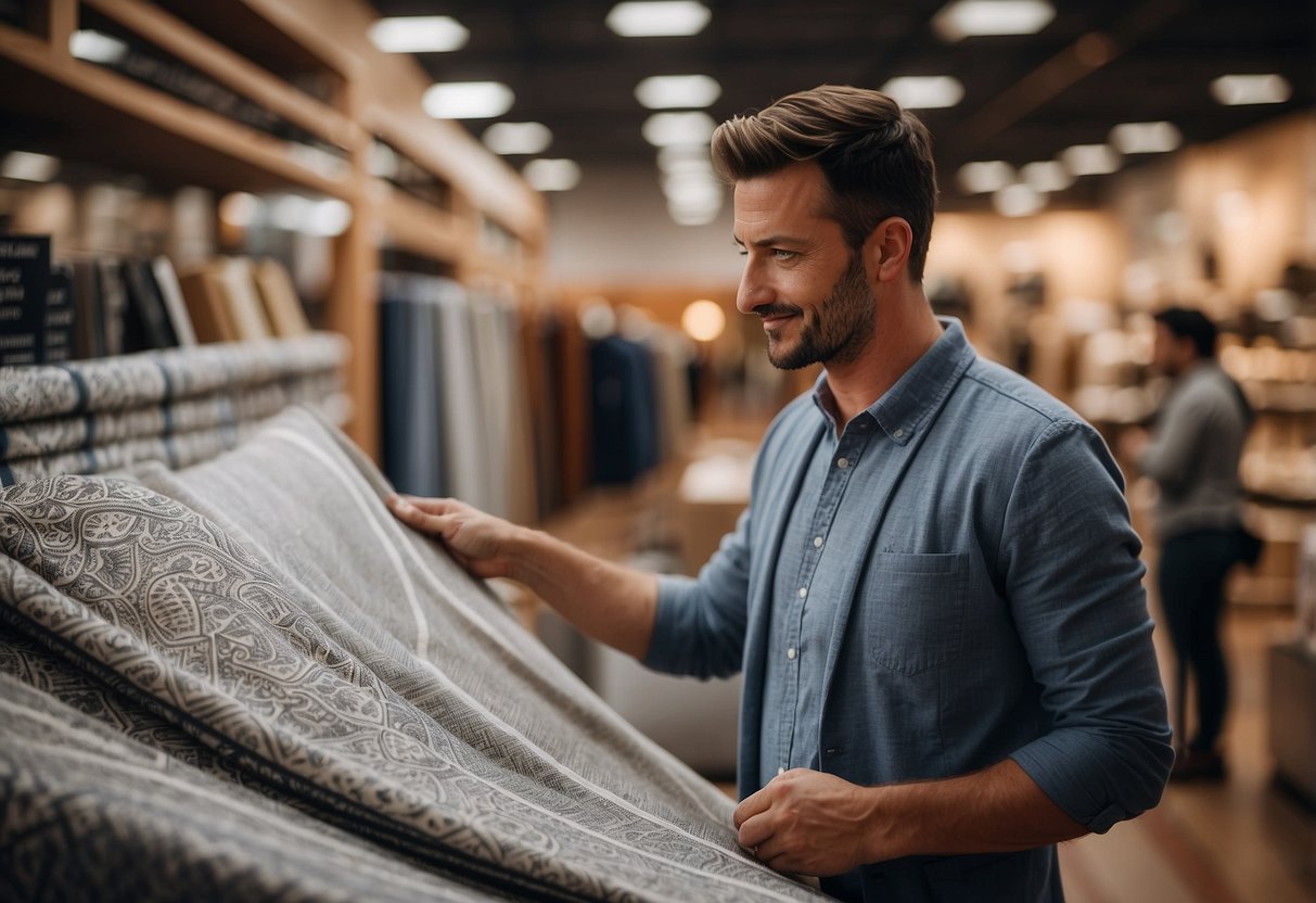 A customer browsing through furniture wrap options at a store, looking at different patterns and textures, while holding a list of frequently asked questions about where to buy furniture wrap