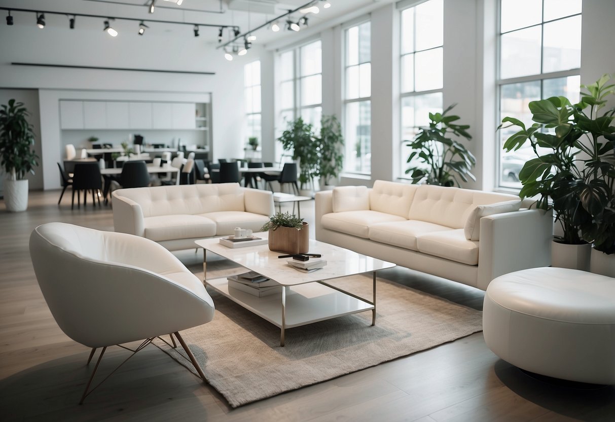A bright, spacious showroom filled with sleek, modern white furniture. Clean lines and minimalist design create an inviting atmosphere
