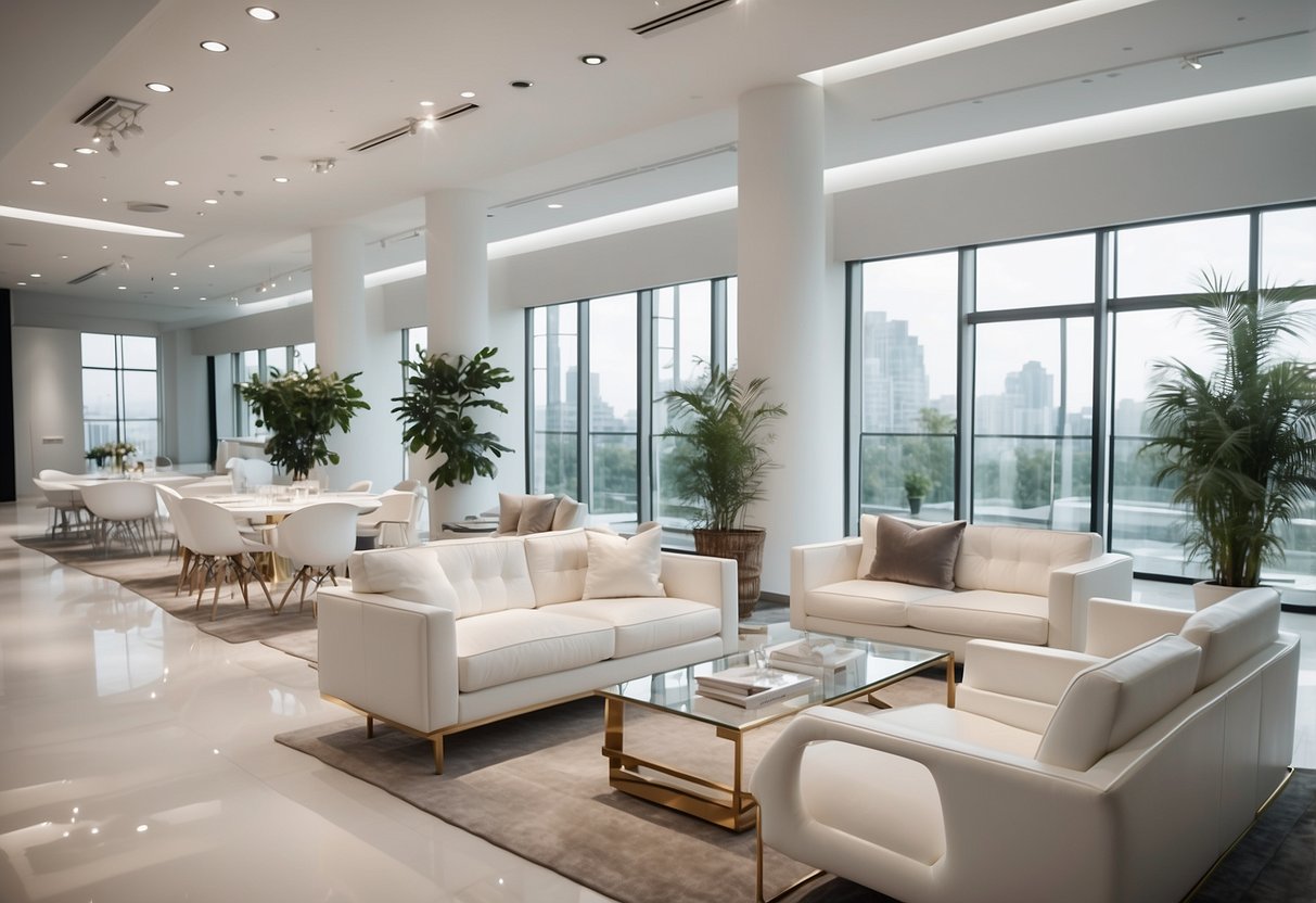 A bright, spacious showroom filled with elegant white furniture collections. Clean lines, modern designs, and a sense of luxury