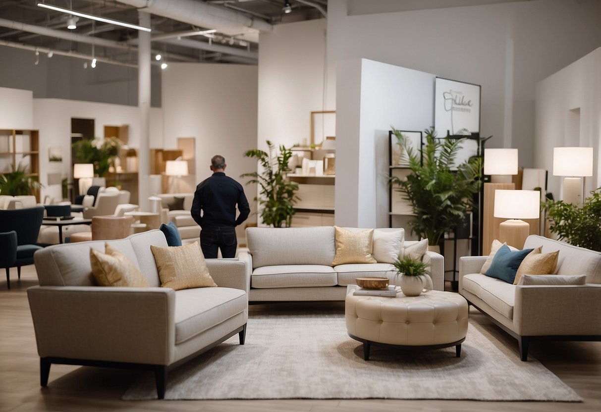 Customers browsing modern furniture displays at White Furniture Store. Bright, spacious showroom with stylish decor and helpful staff