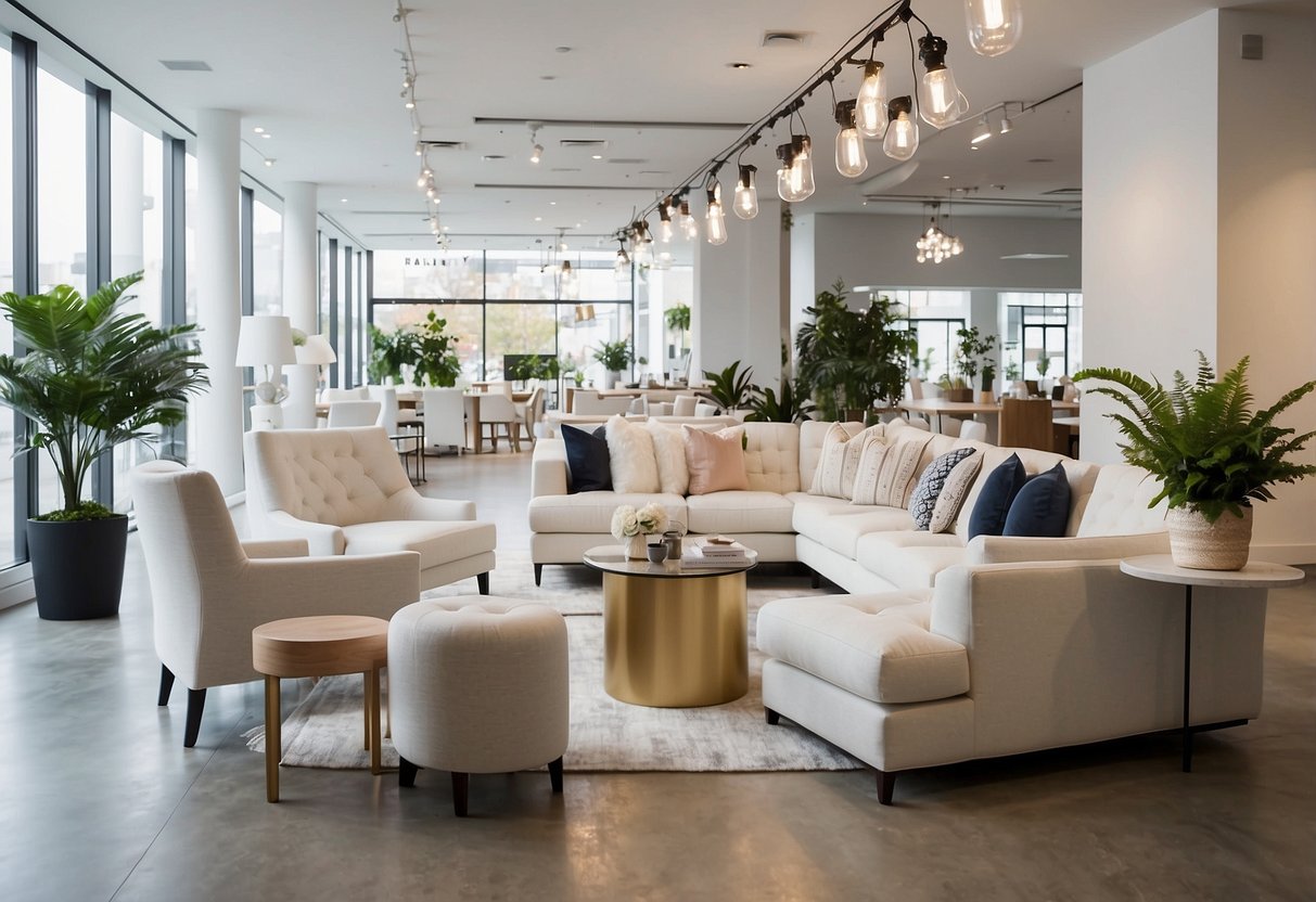 A bright, modern furniture store with white decor. Large signage reads "Frequently Asked Questions" above clean, minimalist displays