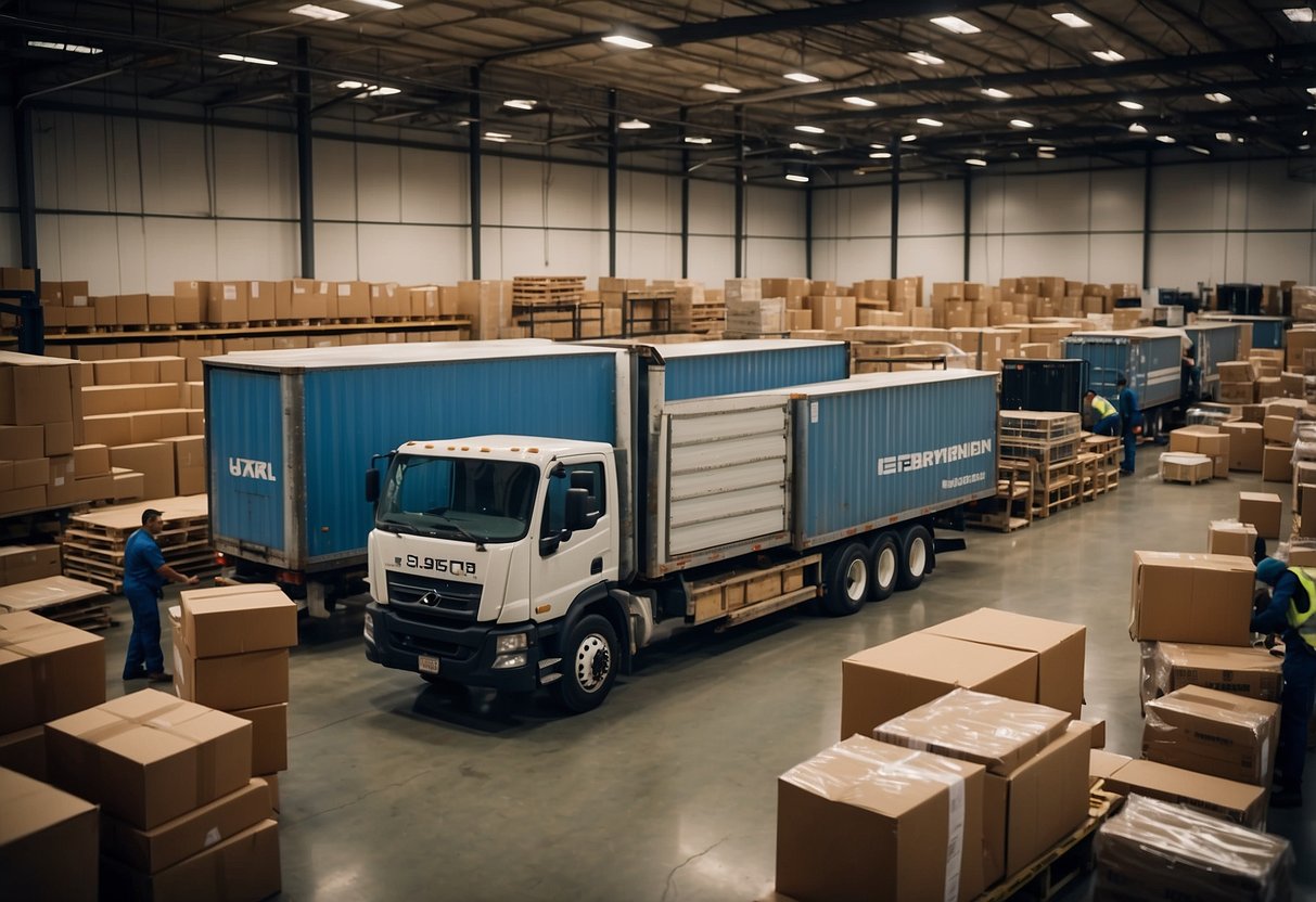 A busy warehouse with rows of stacked furniture, workers moving inventory, and delivery trucks loading up