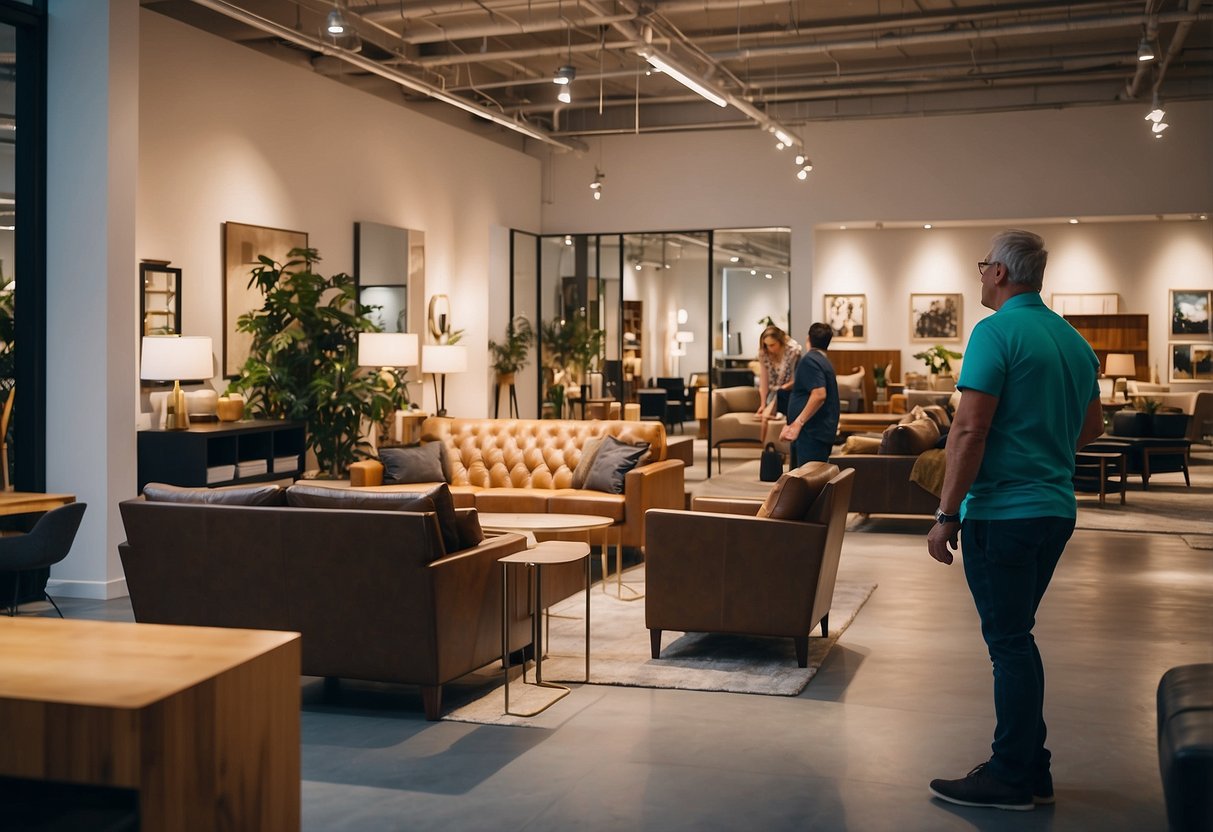Customers browsing through a vast showroom of furniture, with various styles and designs on display. Bright lighting and spacious layout