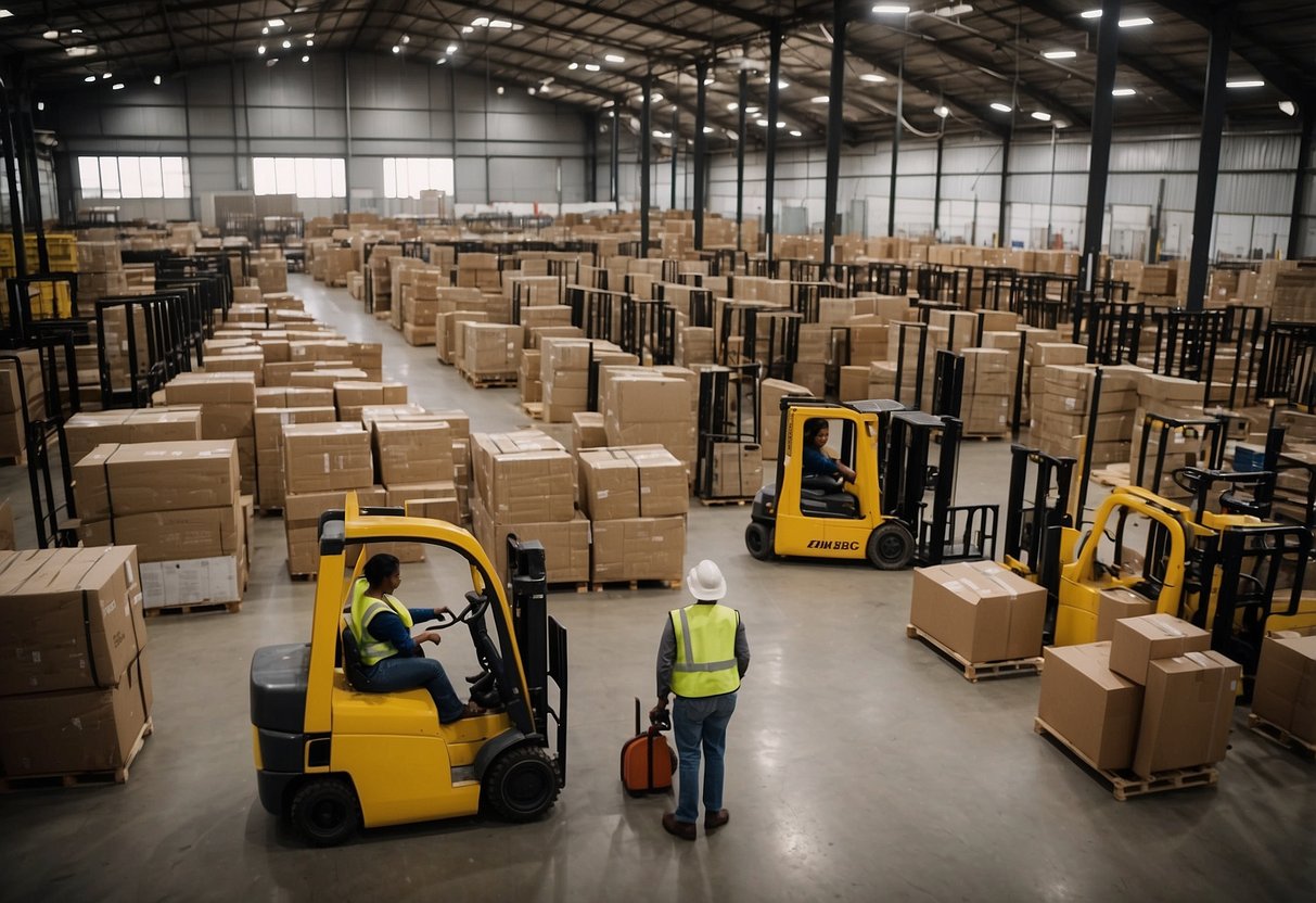 A bustling warehouse filled with rows of stylish furniture, busy workers, and forklifts zipping around. Customers browse the vast selection, while staff assist with orders and loading