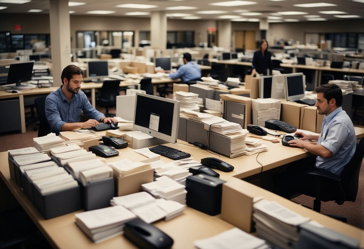 A busy office with employees answering phones and typing on computers, surrounded by stacks of furniture catalogs and samples