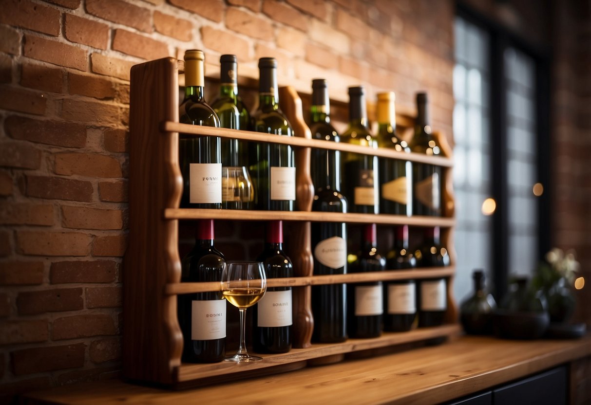 A wooden wine rack stands against a brick wall, filled with various bottles of wine. The warm glow of a nearby lamp illuminates the rich colors of the bottles