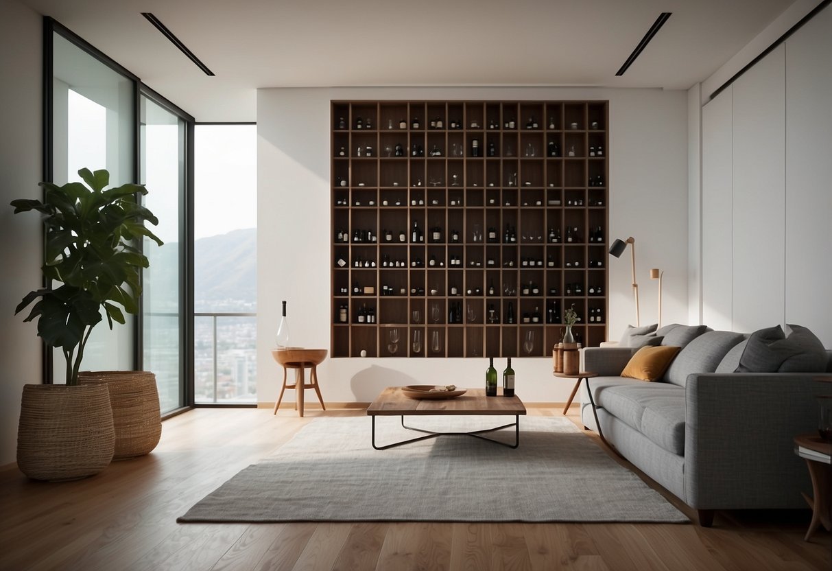A modern living room with a sleek, wooden wine rack furniture against a white wall. Bottles of wine neatly displayed, with glasses and corkscrew nearby