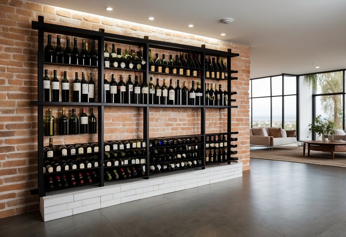 A sleek black wine rack stands against a white brick wall, filled with neatly organized bottles of various sizes and colors. A few wine glasses are placed on top, ready for a tasting