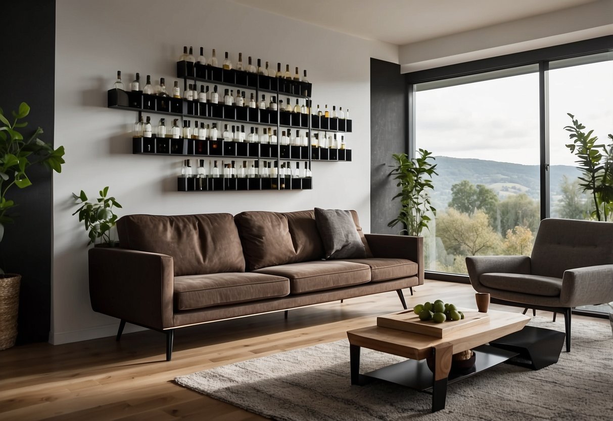 A modern living room with a sleek, wall-mounted wine rack displaying various bottles. Clean lines and minimalist design complement the room's decor