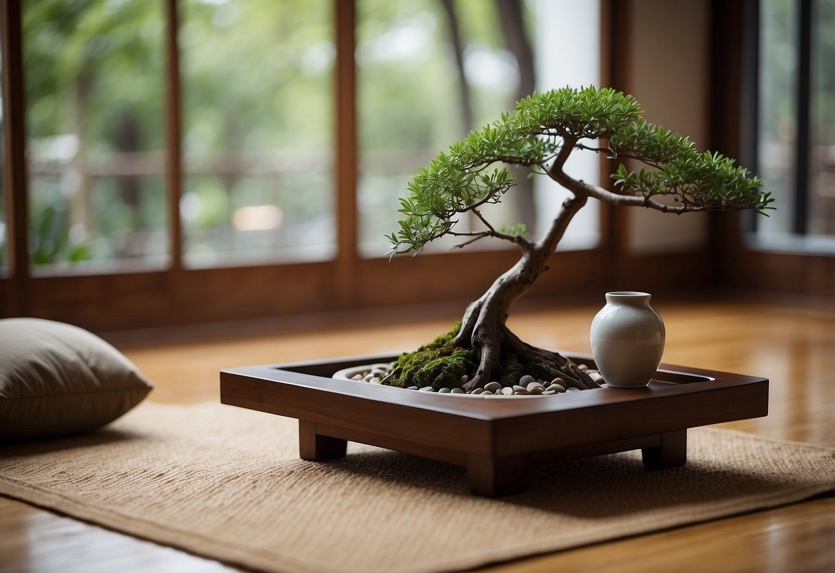 A low table with a bonsai tree, floor cushions, and a bamboo screen in the background