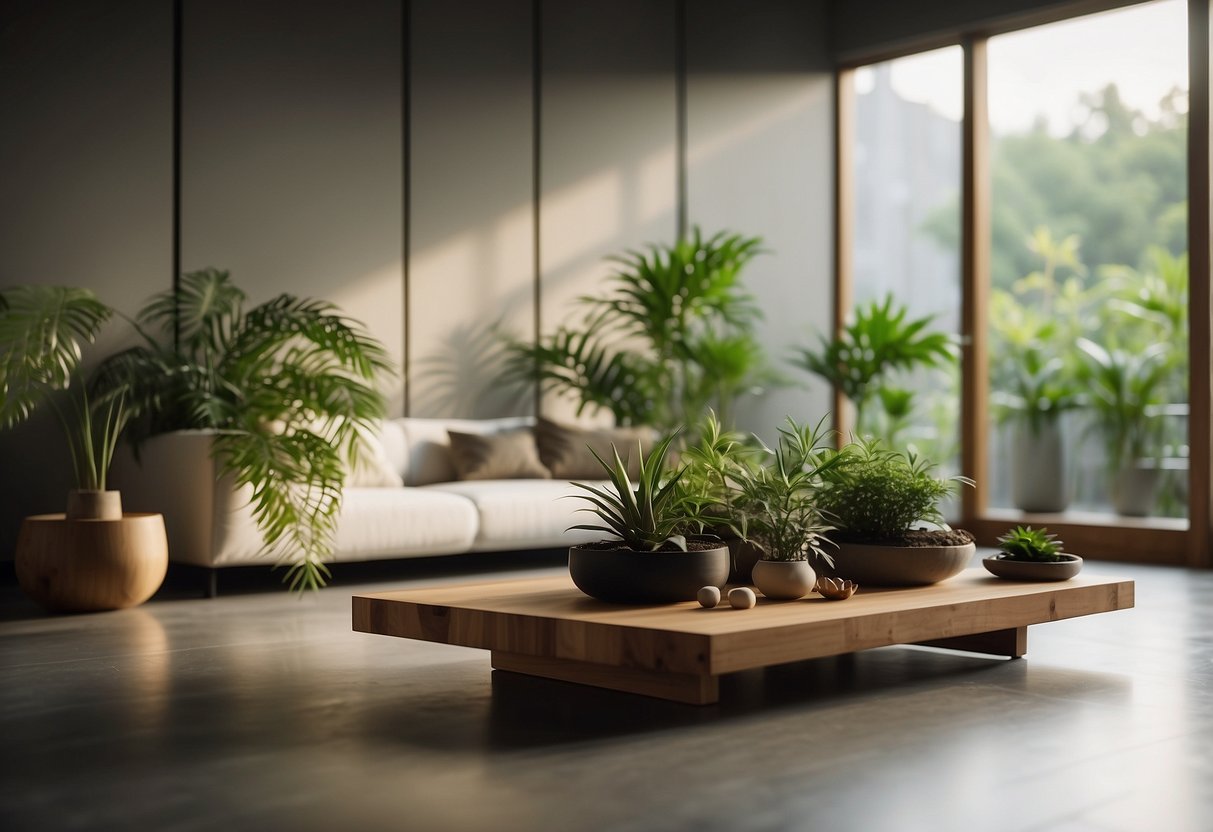 A serene Zen room with minimal furniture, soft lighting, and natural elements like plants and bamboo. The space exudes tranquility and calmness