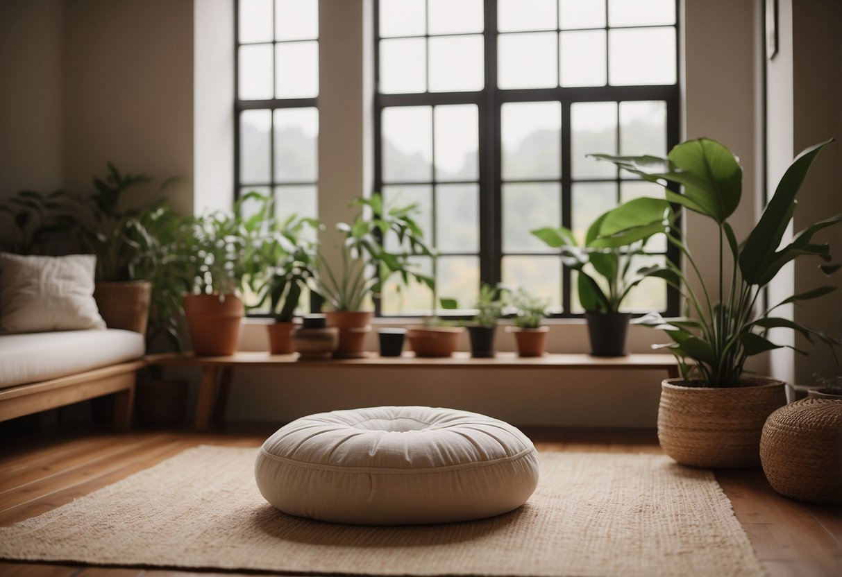 A serene zen room with minimal furniture, soft lighting, and natural elements like plants and wood accents. A cozy meditation cushion sits in the center, inviting relaxation