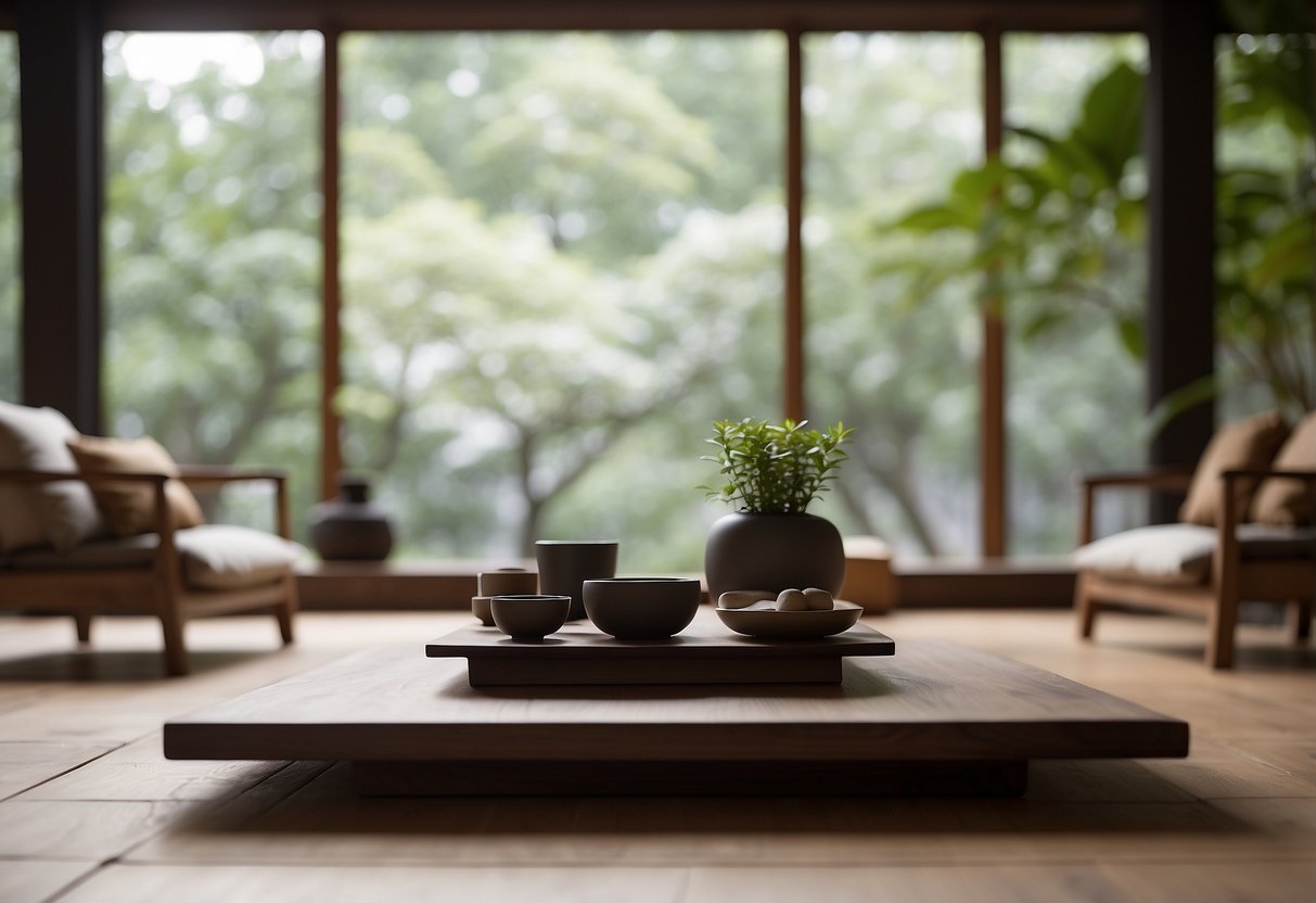 A serene zen room with minimalist furniture, including low wooden tables, floor cushions, and a Japanese-inspired tea set