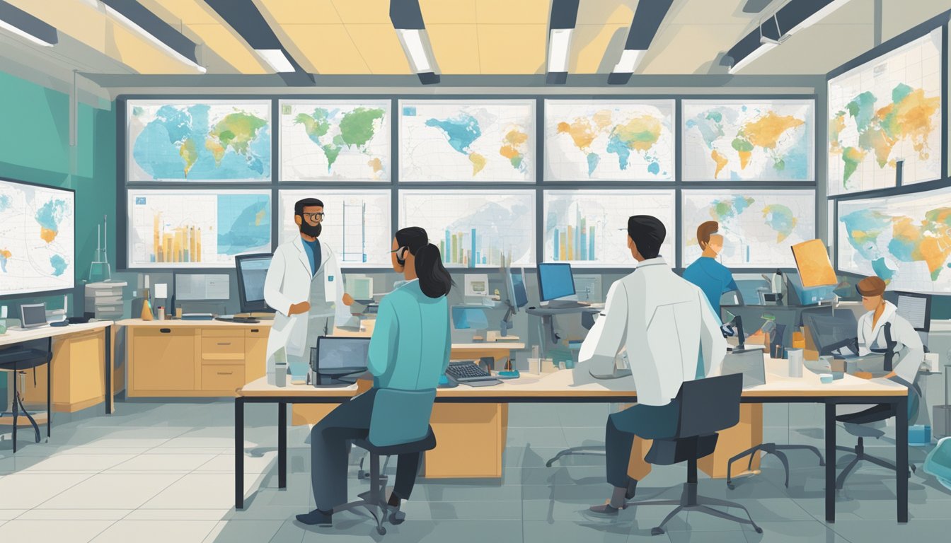 Scientists in a lab, surrounded by charts and graphs, studying data from the past decade.</p><p>A world map on the wall shows changing climate patterns