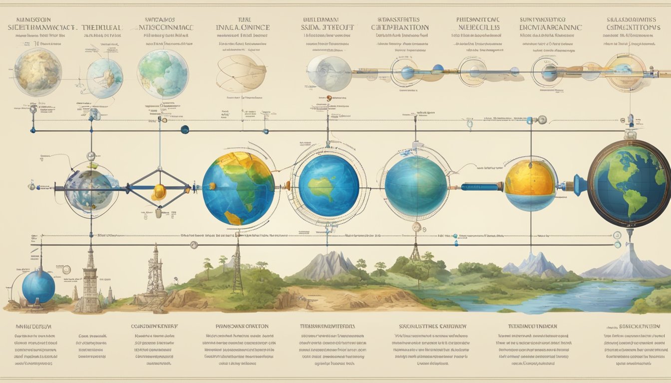 A timeline of key scientific discoveries from ancient to modern times, with visual representations of Newton's laws, the laws of thermodynamics, and the theory of evolution