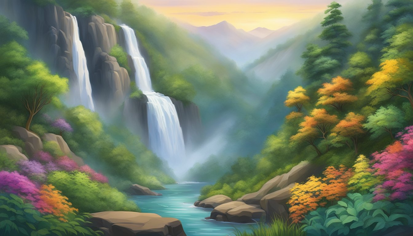 A roaring waterfall cascades down a steep cliff, surrounded by lush greenery and colorful flora.</p><p>The mist rises from the water, creating a mesmerizing display of natural beauty