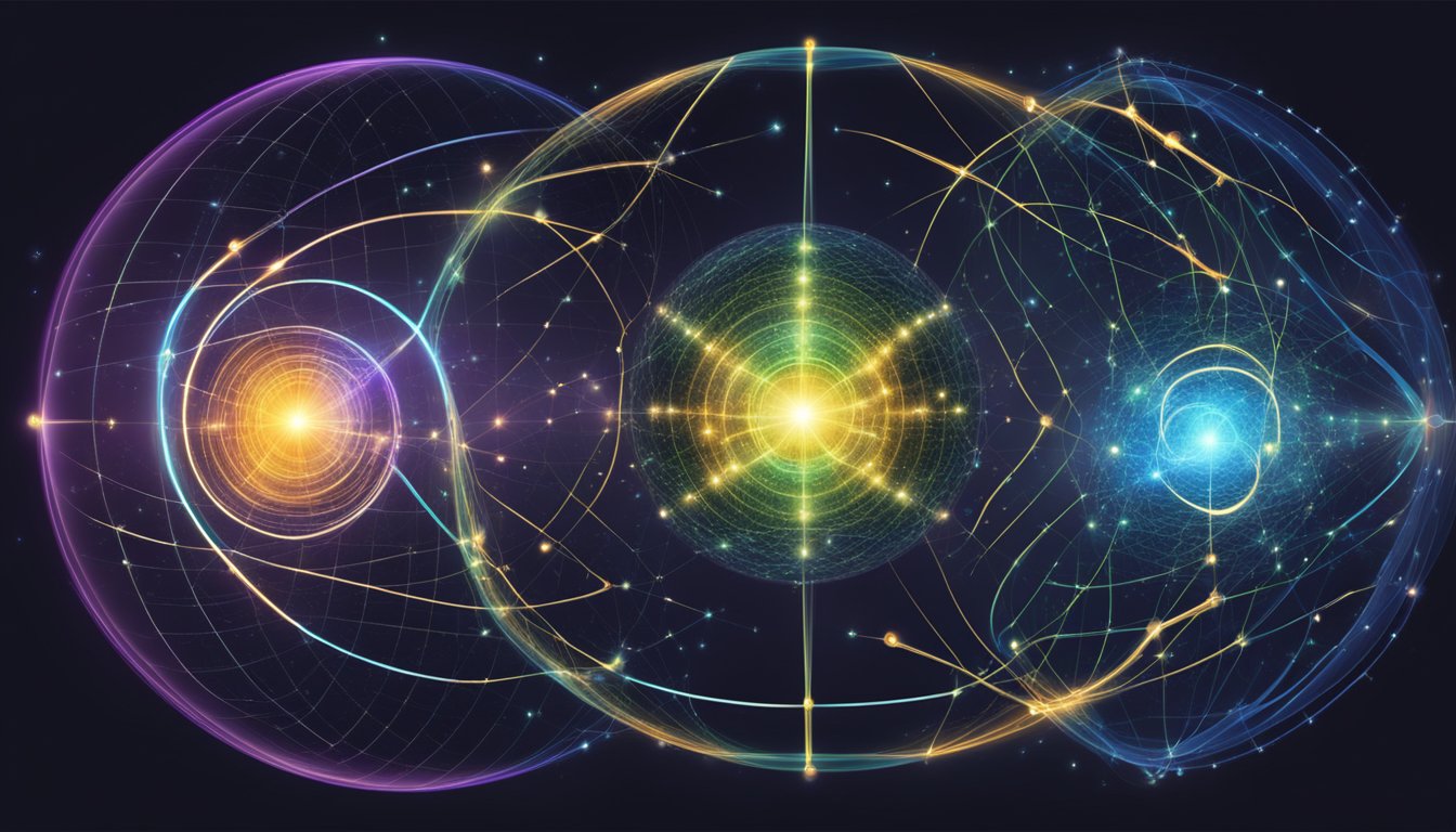 Quantum particles orbiting in different energy levels, entangled states, and superposition, illustrating the complexity of quantum mechanics