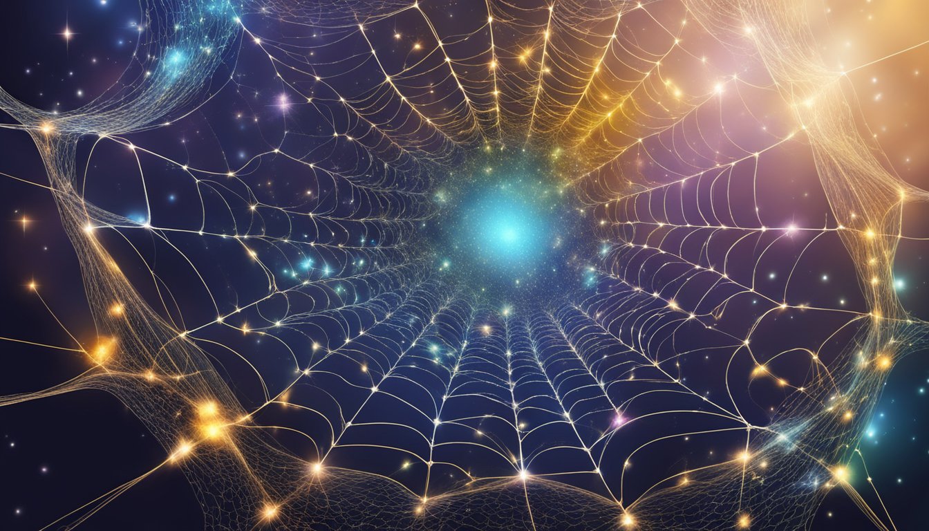 A cosmic web of stars and galaxies, with intertwined particles and waves, symbolizing the intricate and interconnected nature of quantum mechanics