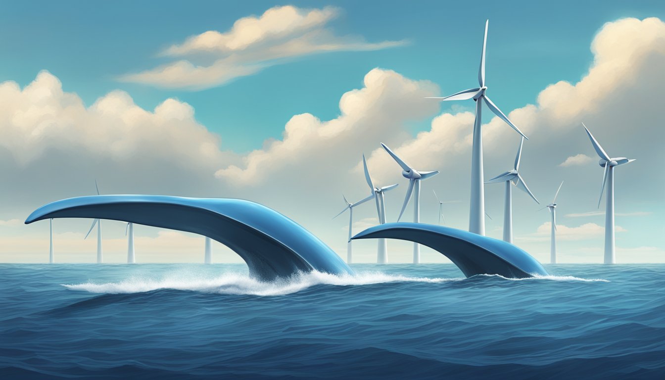 Giant whale fin-shaped wind turbines towering over the ocean, harnessing the power of the wind with sleek, aerodynamic blades