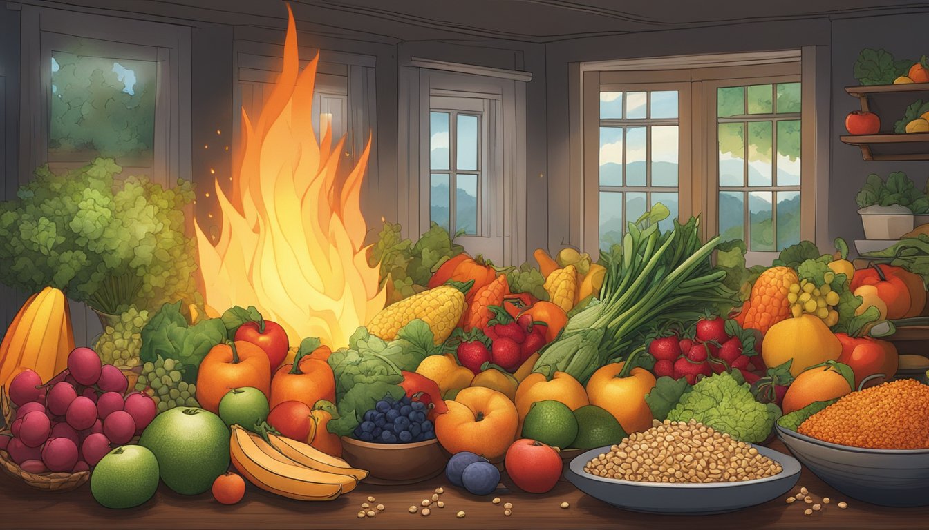 A vibrant, glowing fire burning in a darkened room, surrounded by various fruits, vegetables, and whole grains, symbolizing the body's metabolism and the fuel needed to boost it after 40