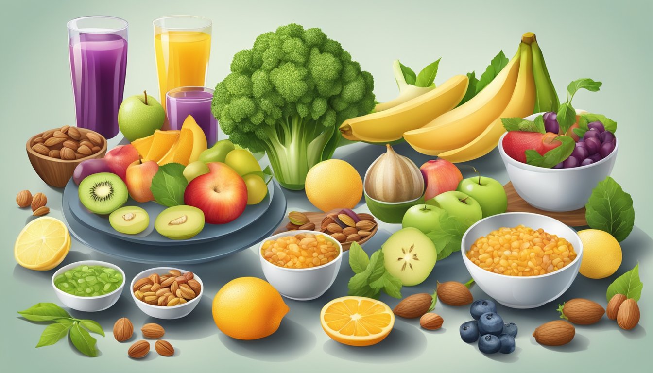A table with various healthy foods and drinks, such as fruits, vegetables, green tea, and nuts, arranged in an organized and appealing manner