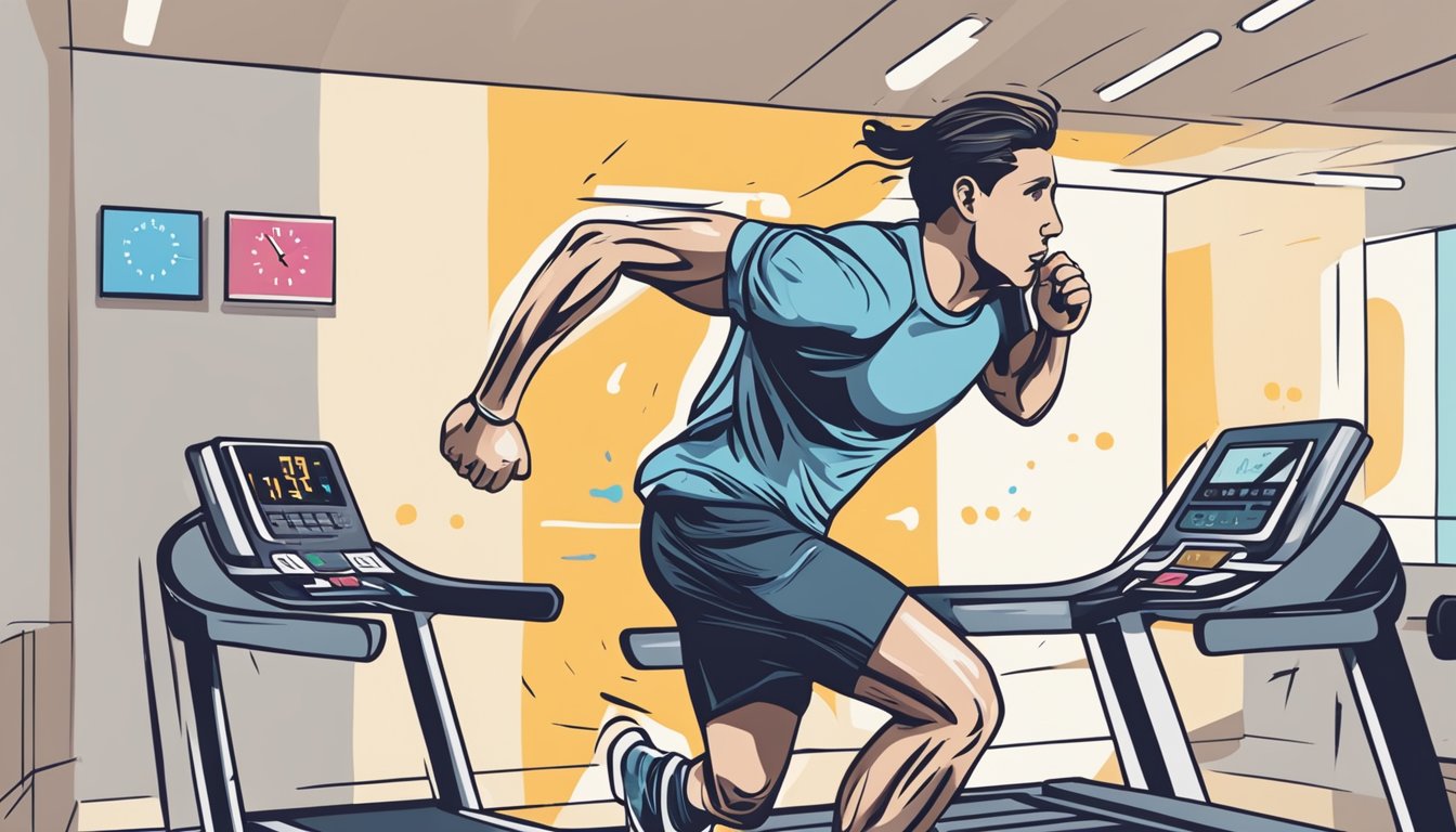 A person running on a treadmill with sweat dripping down their face, while a clock on the wall shows the time passing