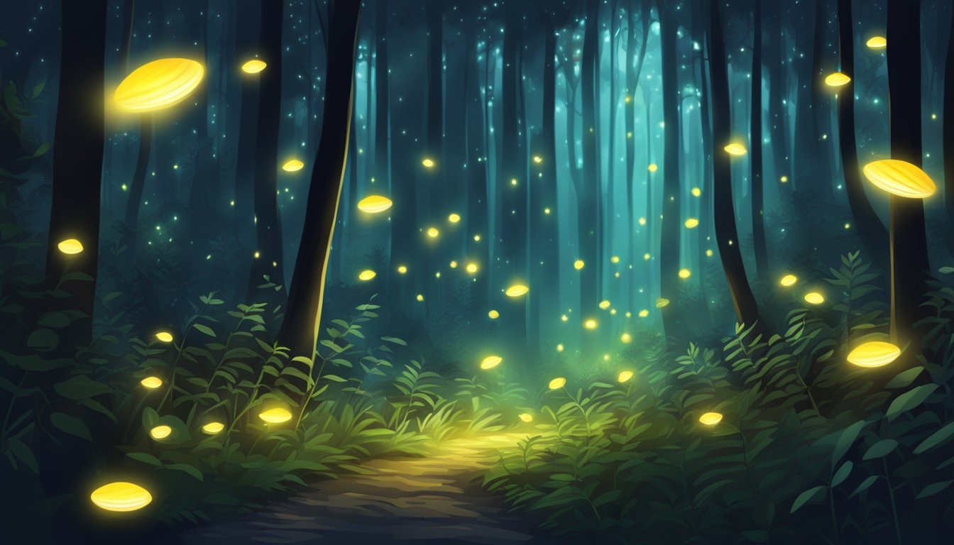 Glowing LED lights mimic fireflies in a dark forest