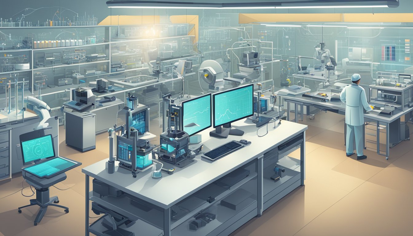 A laboratory filled with cutting-edge technology and equipment, with computers and robots working alongside scientists.</p><p>Charts and graphs display data on advancements in various scientific fields