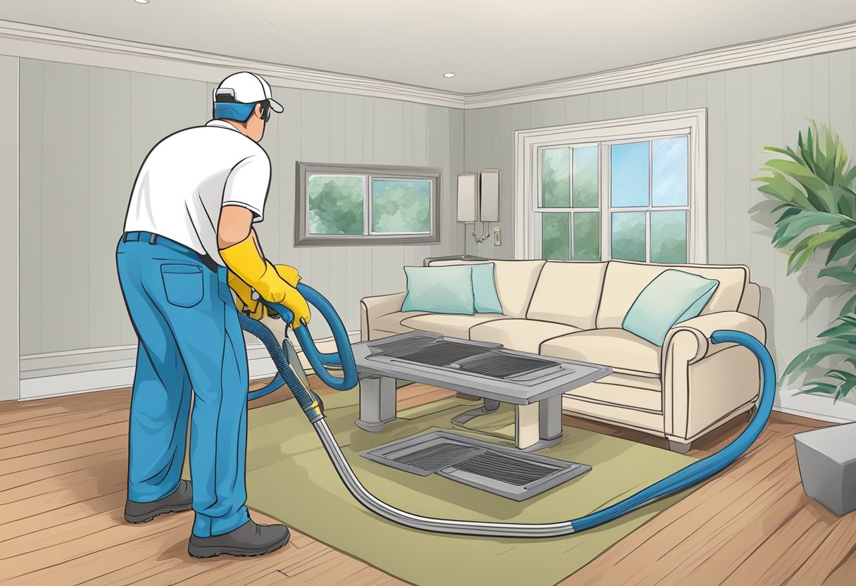 A technician cleaning HVAC ducts and vents in a residential home in Fort Myers, FL. Vacuum and brushes removing dust and debris