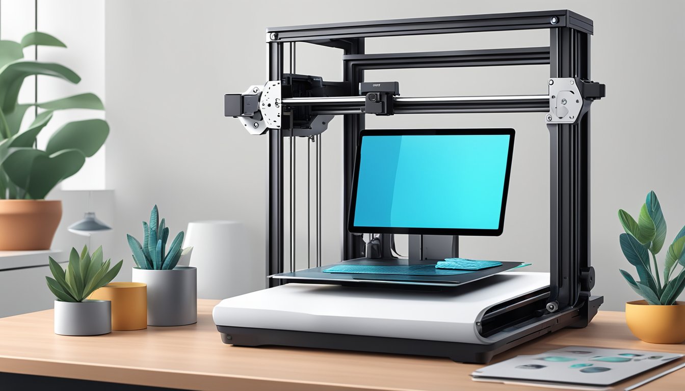 A sleek 3D printer sits on a clean, modern desk. It hums softly as it creates intricate, detailed objects with precision and speed