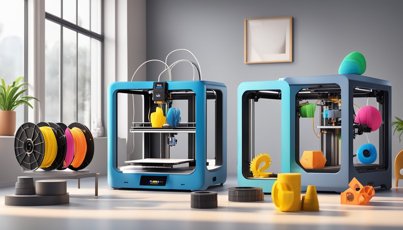 Various 3D printers in a well-lit studio, each with distinct features and sizes. Filament spools and printed objects are scattered around the room