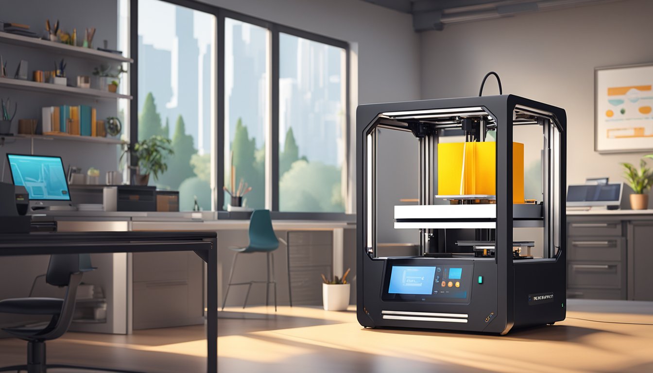 A sleek, modern 3D printer sits on a clean, well-lit workbench, with intricate, high-quality prints displayed nearby