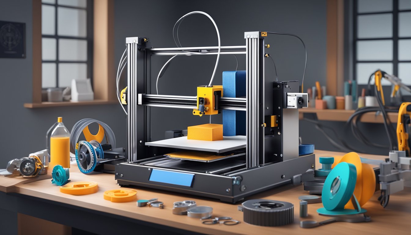 A sturdy 3D printer sits on a workbench, surrounded by tools and spare parts. Its metal frame and robust construction suggest longevity and reliability