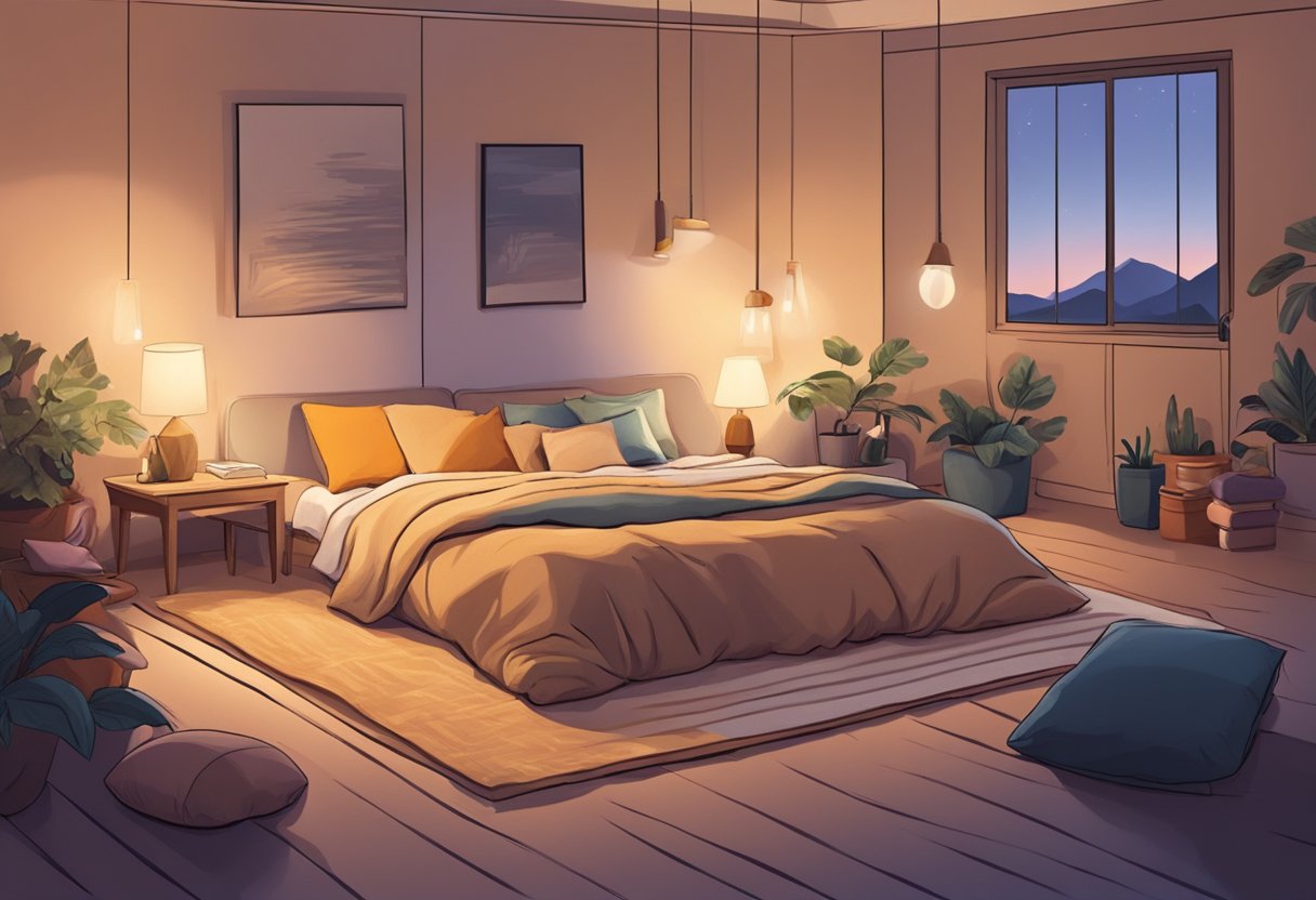 A person lies on a cushioned mat on the floor, surrounded by supportive pillows and blankets. The room is dimly lit, creating a cozy and comforting atmosphere