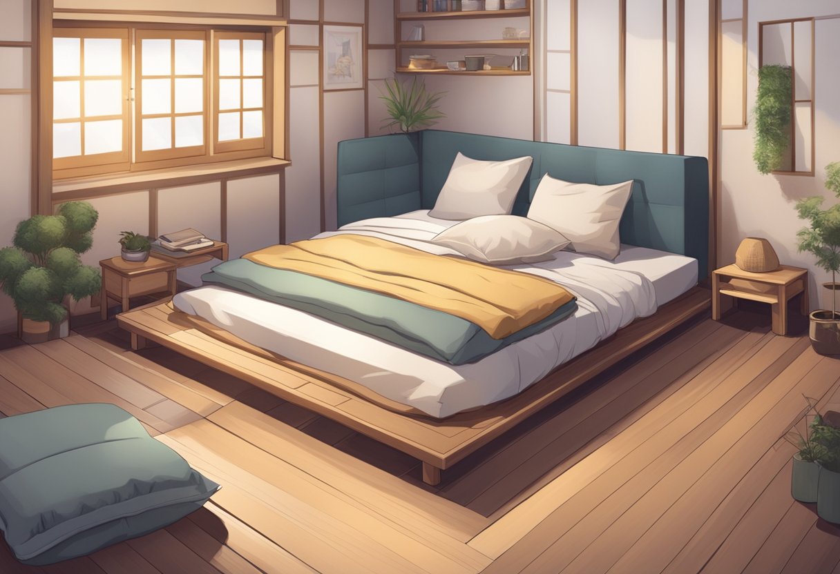 A cozy bedroom with various floor beds: futon, tatami, and mattress. Different textures and colors create a warm and inviting atmosphere