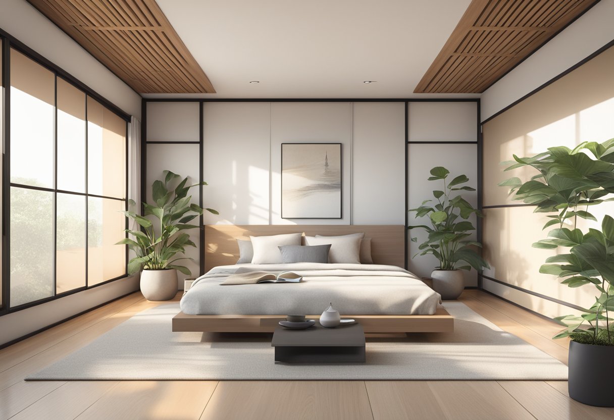 A modern, minimalist bedroom with a low platform bed, clean lines, and neutral colors. The bed is surrounded by Japanese shoji screens and potted plants, creating a serene and peaceful atmosphere