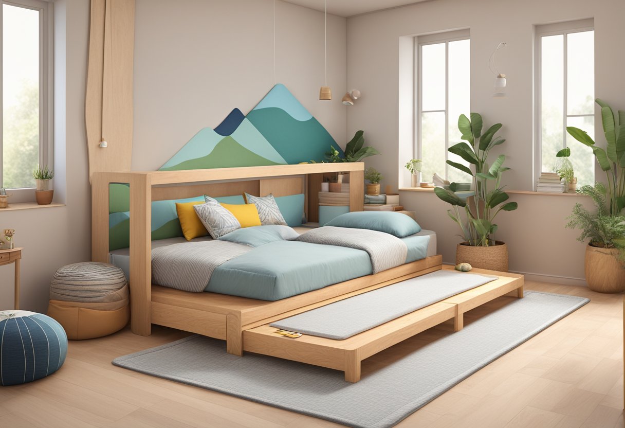 A child-sized Montessori floor bed with a firm, supportive mattress, surrounded by soft, natural materials and simple, calming decor