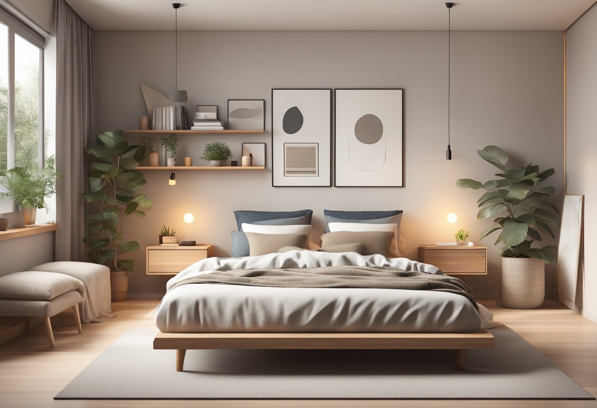 A cozy bedroom with a low platform bed, soft bedding, and warm lighting. Minimalist decor and natural materials create a serene and inviting space