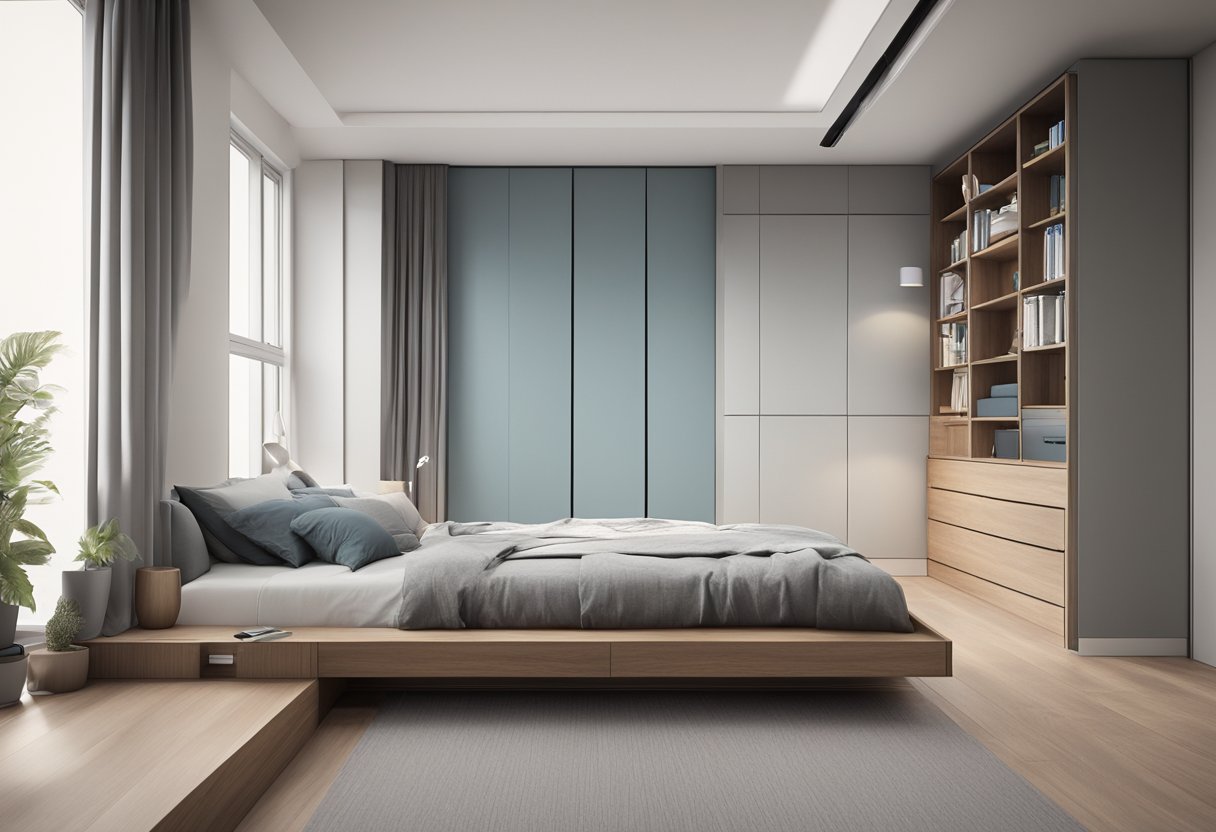 A sleek, modern bedroom with a low floor bed and integrated storage solutions, such as built-in drawers or shelves, creating a minimalist and functional space