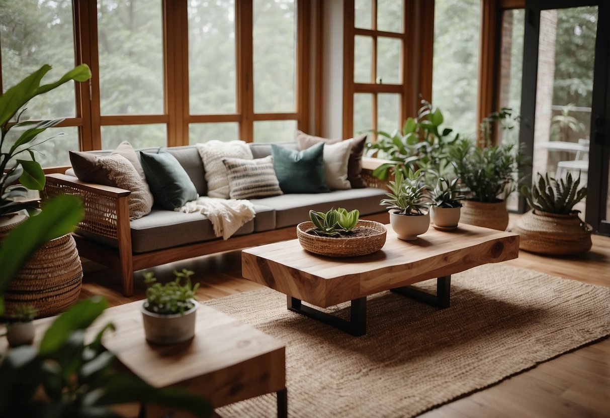 A cozy living room with a live edge wood table as the centerpiece, surrounded by natural elements like potted plants, woven baskets, and earthy textiles